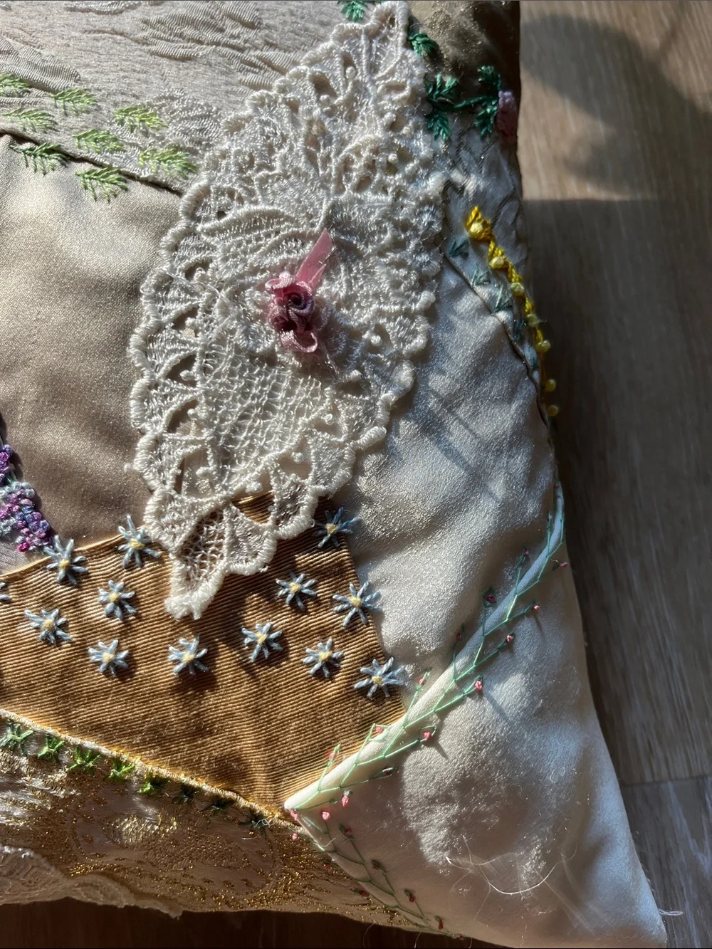 Embroidered Vintage Patchwork Decorative Pillow - Cream, Gold, Pink